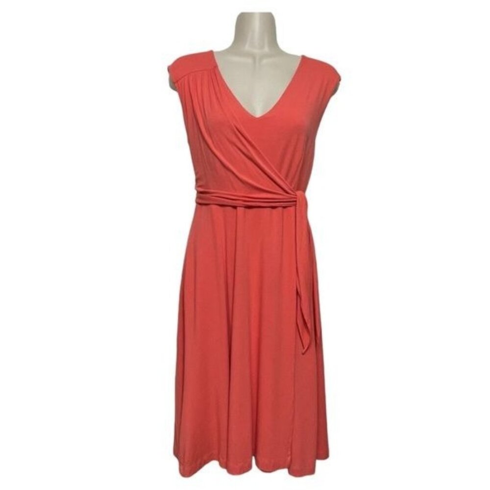 Ann Taylor Faux Wrap Surplice V Neck Midi Dress in Coral Size S